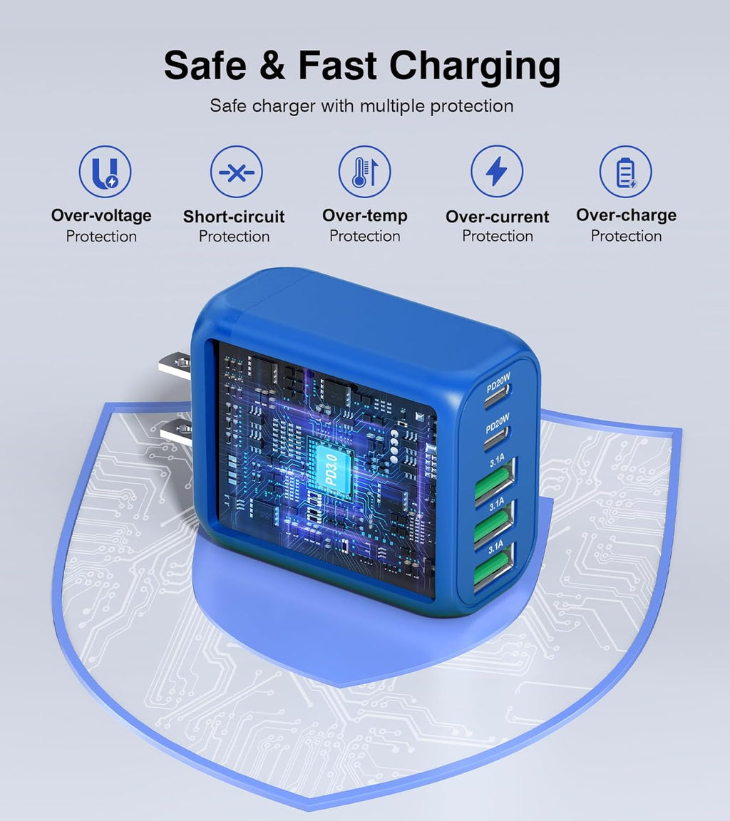 (2-Pack) 50W USB C Wall Charger Block, 5-Port C Charger Fast Charging Block PD Power Adapter +QC 3.0 Multiport Type C Box Brick Cube USB A Wall Plug for iPhone 16/15/14 Pro Max,Samsung (Dark Blue)