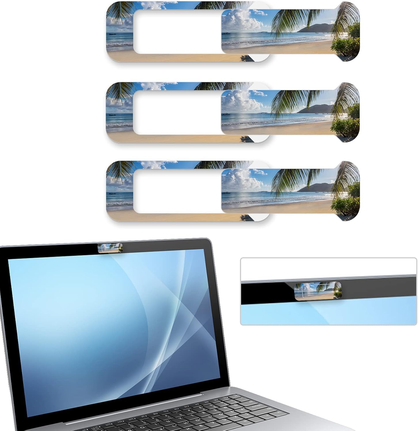 Webcam Cover, 3 Pieces, Laptop Camera Cover, Privacy Shielding Capacity is Twice as Big as The Traditional, Suitable for Computer Mobile Phones, laptops, Tablets and so on (Beach by The sea)