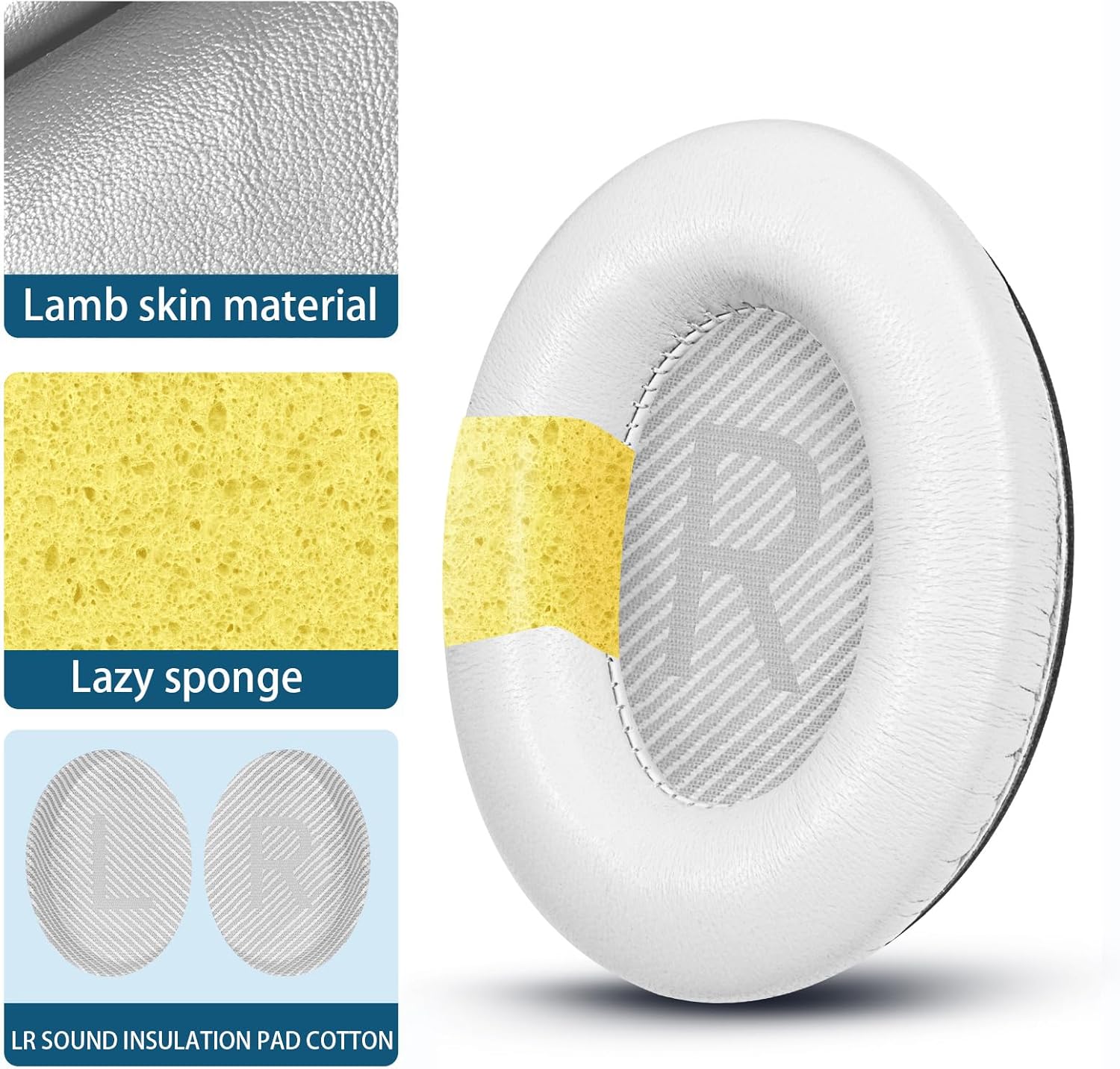 Headphones Replacement Ear Pads, Sheepskin Ear Cushions for Bose QuietComfort 35 (QC35) Improved Durability, Ear Pads Cushions with High-Density Foam, Thickness and Sound Isolation - White