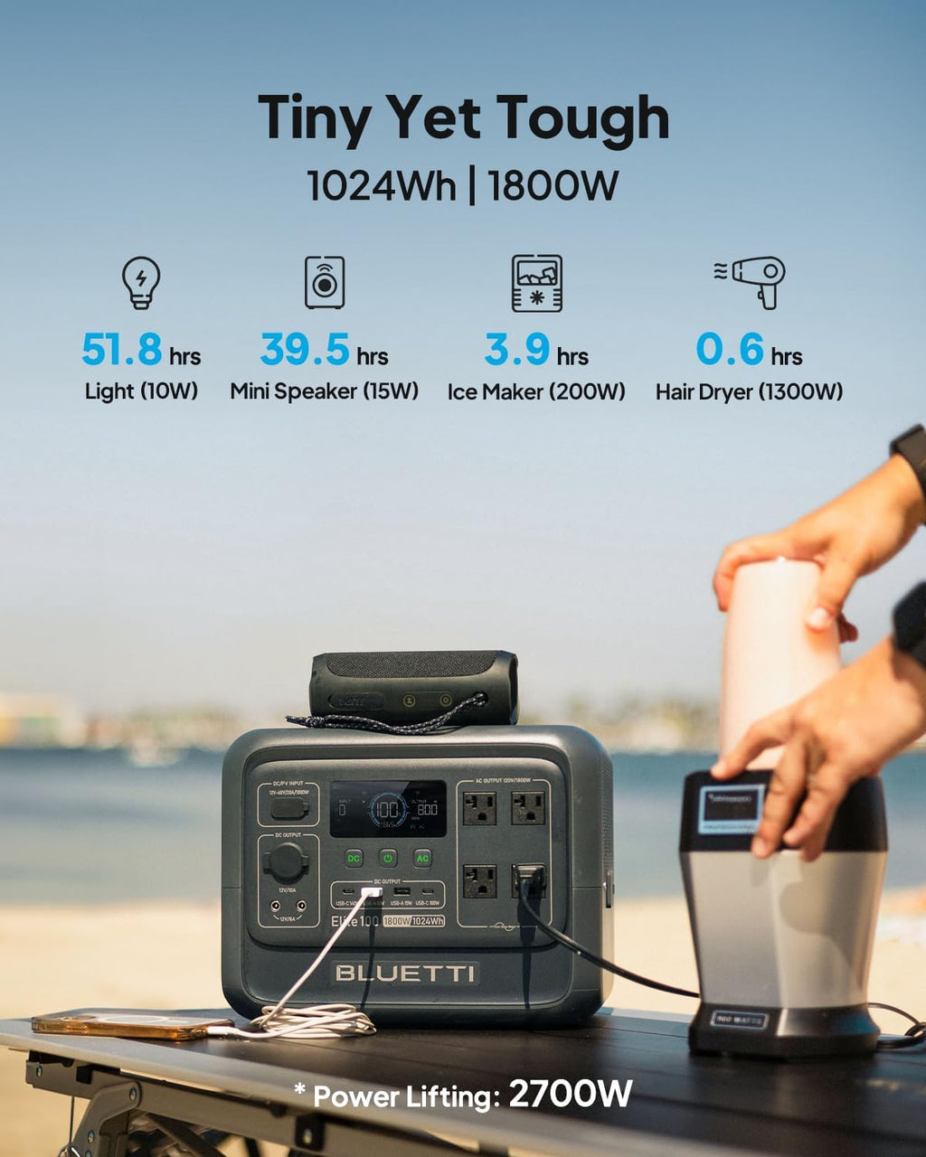 BLUETTI Elite 100 V2 Solar Generator with 200W Solar Panel (Ships Separately), Portable Power Station 1024Wh w/ 4 1800W AC Outlets, 35% Smaller, Ideal for Camping, Emergencies, Backup Power (2025 New)
