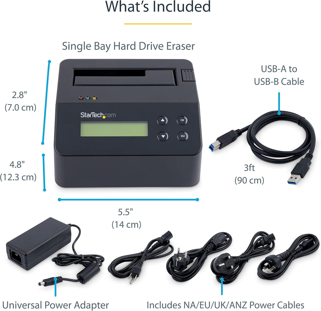StarTech.com Single Bay Hard Drive Eraser, Standalone HDD/SSD Disk Wiper/Sanitizer, 4Kn, USB 3.0 to SATA III, 9 Erase Modes, LCD, RS232 Printer Port, Hardware Erasing Tool, TAA Compliant (SDOCK1EU3P2)