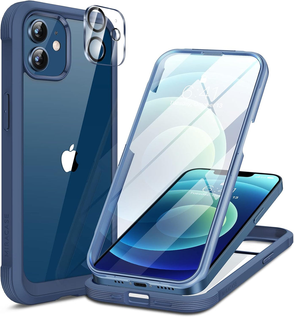 Miracase Glass Series for iPhone 12/12 Pro Case 6.1 inch, Upgraded Full-Body Rugged Phone Bumper Case Cover with Built-in 9H Tempered Glass Screen Protector and Camera Protector, Blue