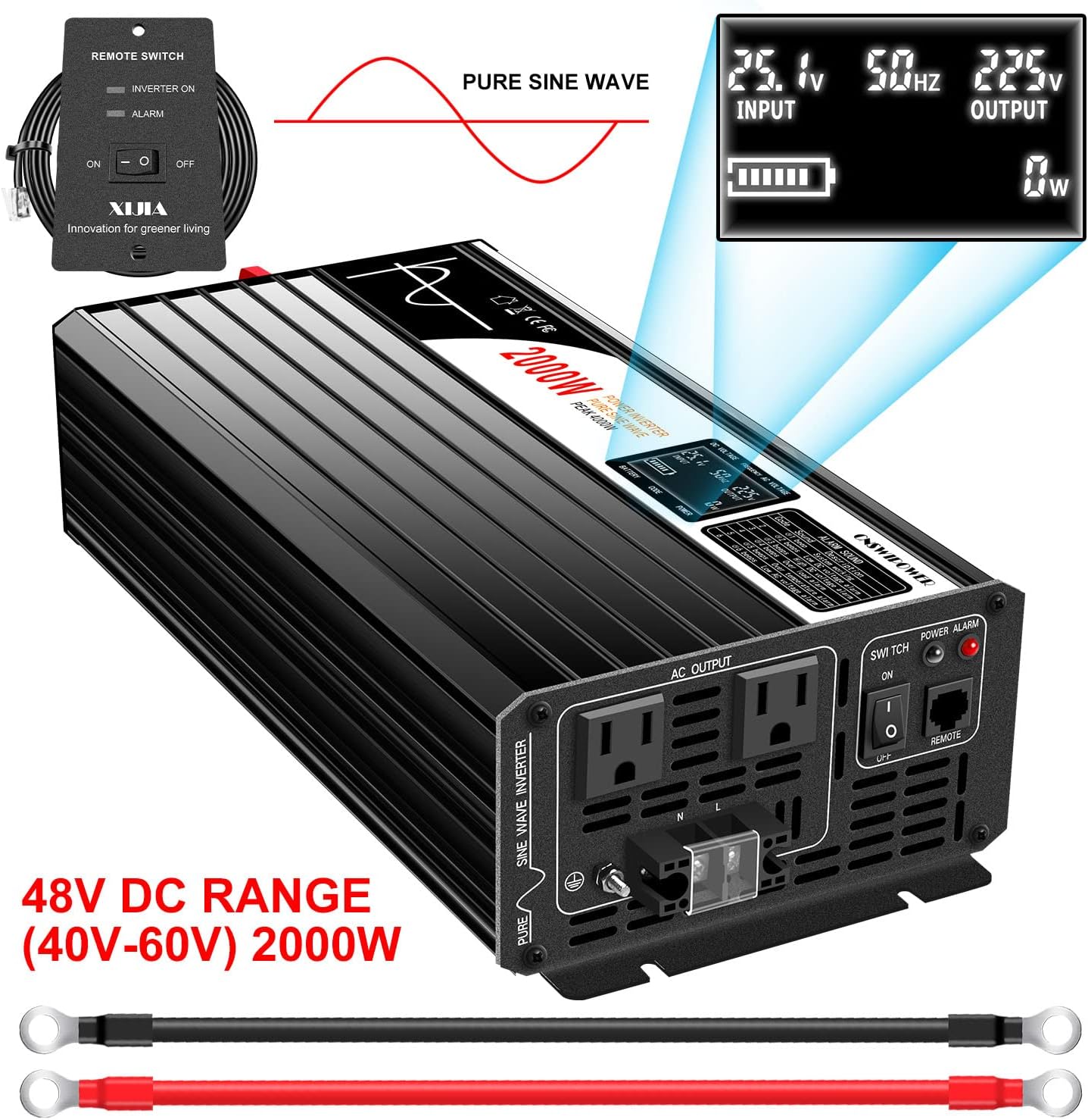 Xijia 2000w(Peak Power 4000W) dc 48v to ac 120v Inverter Pure sine Wave 60HZ Converter with Bluetooth Remote Control LCD Screen 2 AC outlets for Camping, Boat,Outdoor (DC48V (Range 40V-60V) 2000W)
