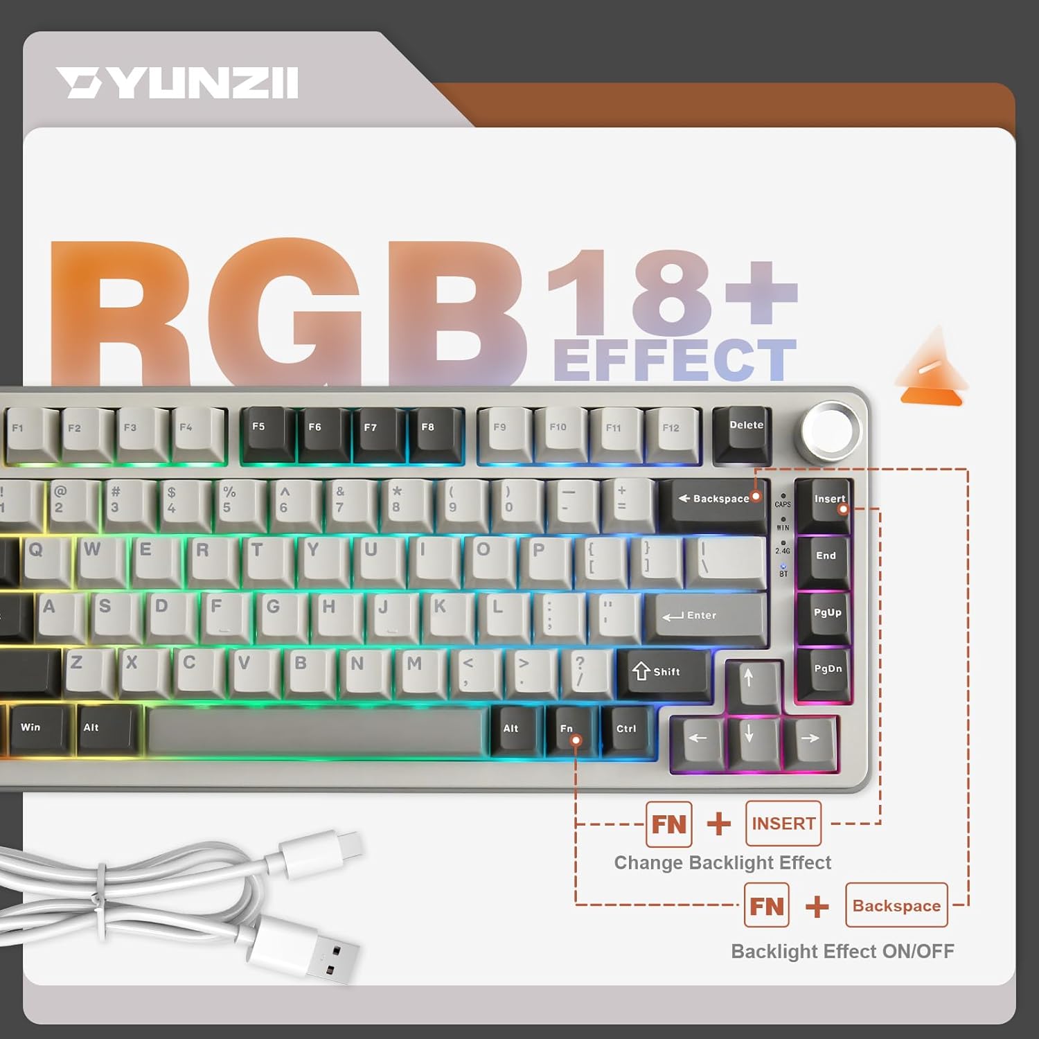 YUNZII B75 PRO Wireless Mechanical Keyboard,75% Layout with Knob,Hot Swap Gasket Custom Structure,Creamy Pre-lubed Switches,RGB Backlit,Bluetooth/Type-C/2.4G for Win/Mac(Milk Switch,Grey)