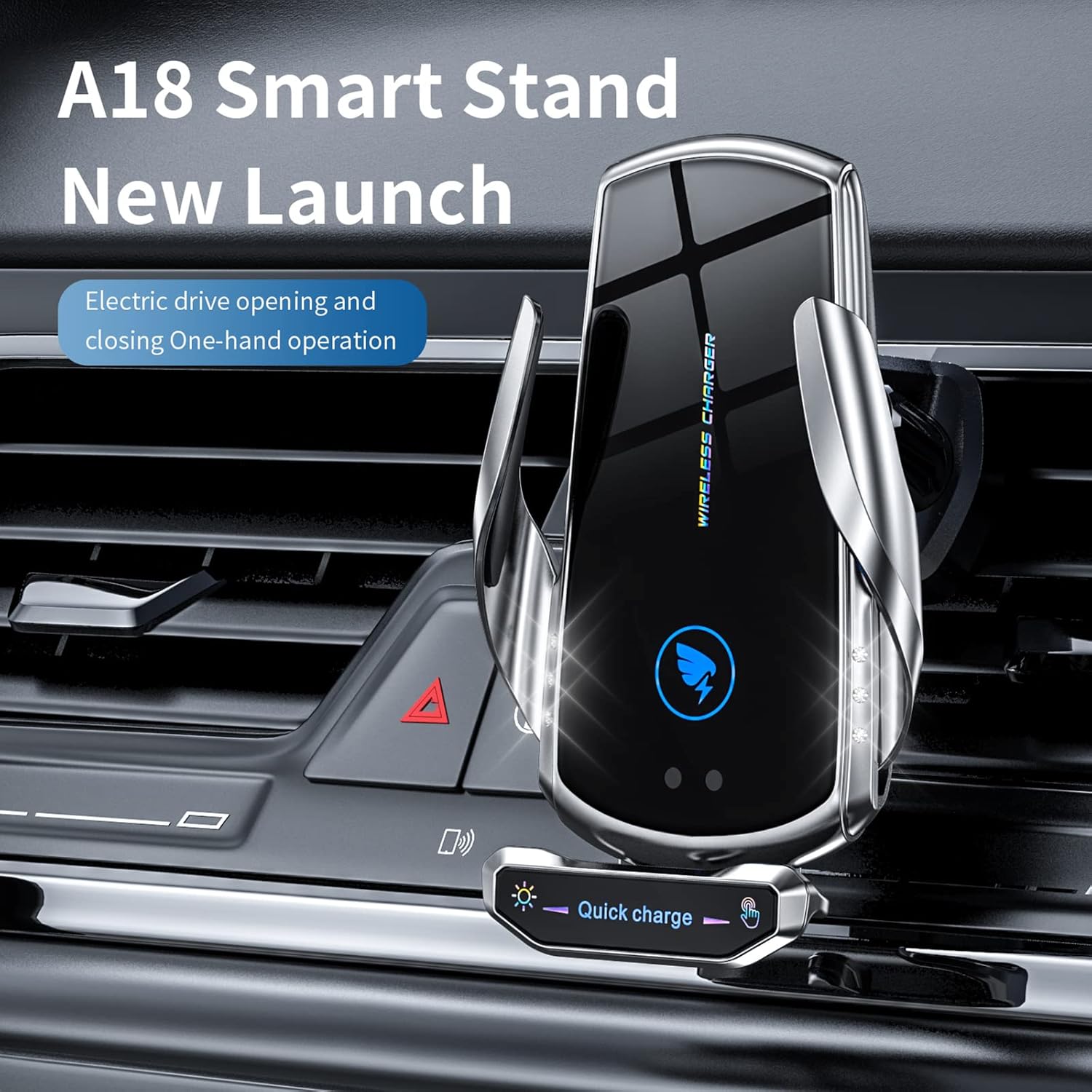 Wireless Car Charger Mount Automotive Electric Induction 15W Fast Charging Auto Clamping Car Phone Holder Mount Wireless Charging Mount Air Vent Phone Holde Compatible with All Android (Silver)