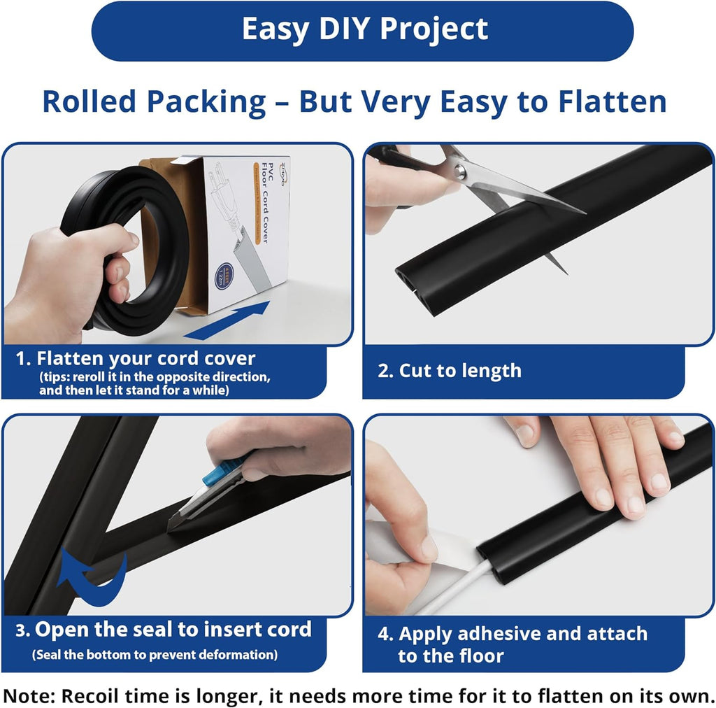 Cord Cover Floor 6ft White, PVC Floor Cable Cover, Cord Hider Floor Cord Protector Prevent Cable Trips & Protect Wires, Floor Cable Management Hide Cords on Floor, Cord Cavity -W0.47 x H0.28