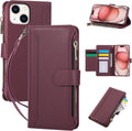 Compatible with iPhone 15 Wallet Phone Case-PU Leather Magnetic Flip Cover with Credit Card Slots,Zipper Pocket & Detachable Wrist Strap,Shockproof Design,for Women and Men-Claret
