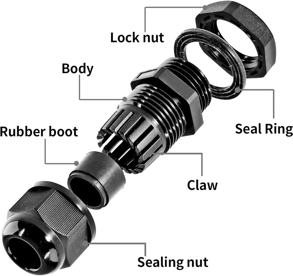 20 Pcs Nylon Cable Gland Kit, IP68 Waterproof Adjustable Cord Grip Cable Connector Strain Relief Wire Protectors, 1/4" 3/8" 1/2" 3/4" 1", Black