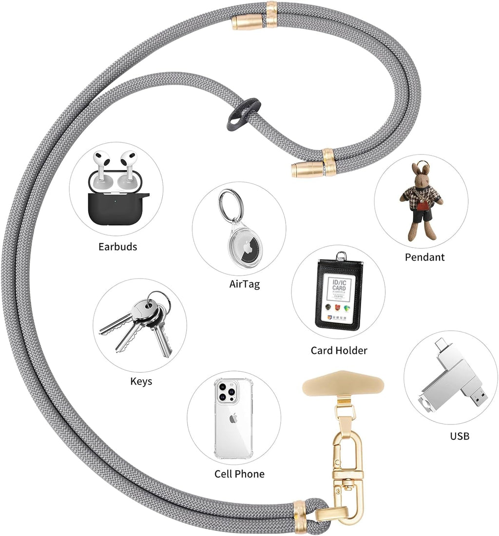 Adjustable Anti-Theft Phone Lanyard - 8mm Mountain Climbing Rope Neck & Crossbody Strap with Secure Locking Metal Clip - Rugged Outdoor Design for Smartphones (Light Gray)