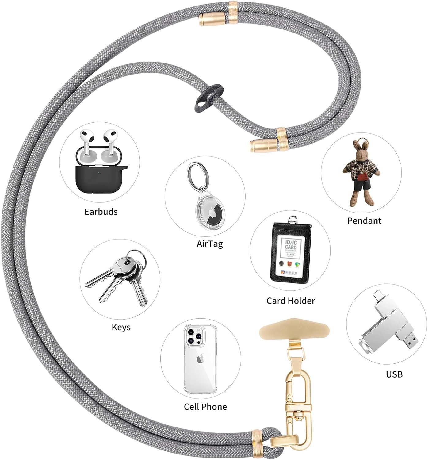 Adjustable Anti-Theft Phone Lanyard - 8mm Mountain Climbing Rope Neck & Crossbody Strap with Secure Locking Metal Clip - Rugged Outdoor Design for Smartphones (Light Gray)