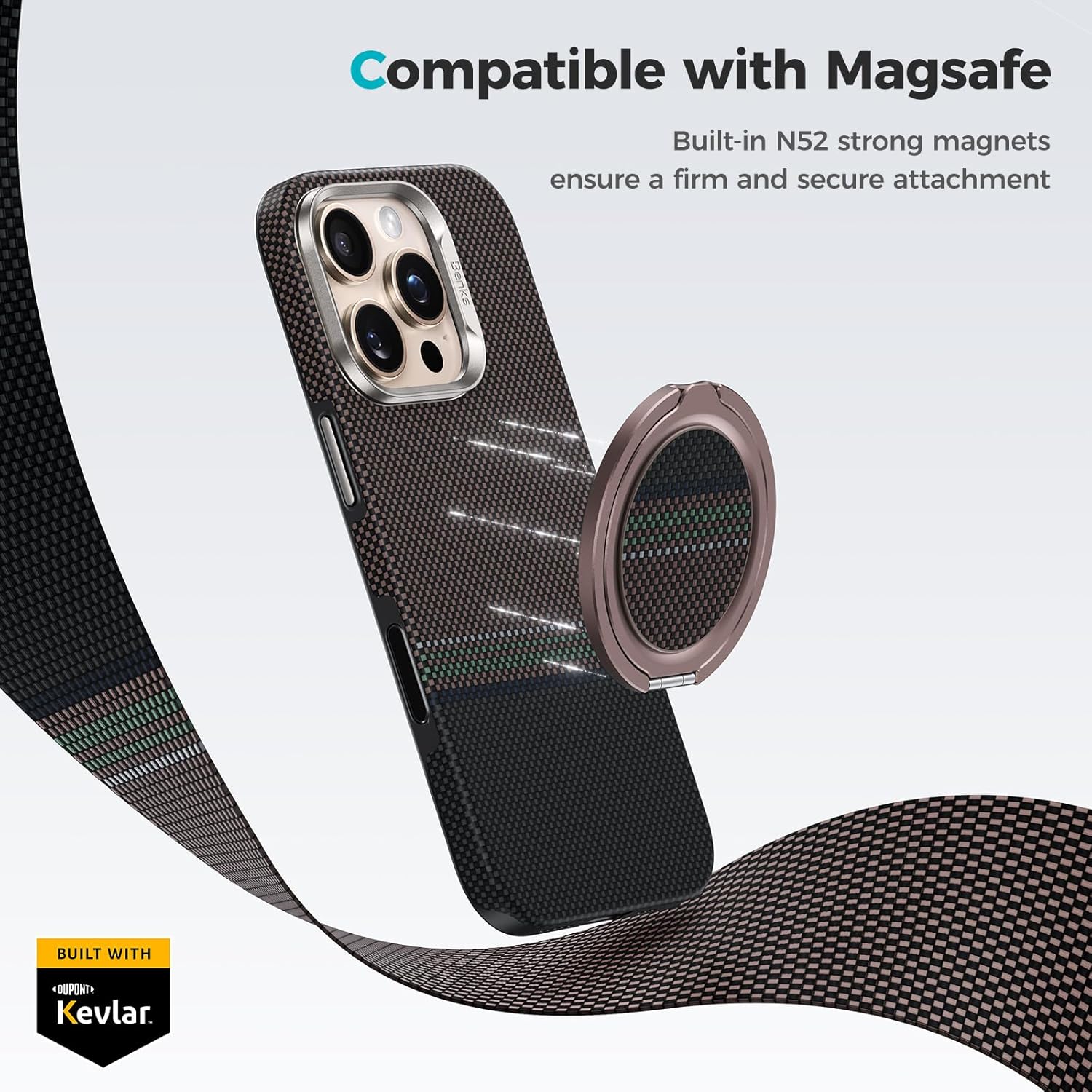 BENKS ArmorPop Magnetic Phone Grip & Stand for MagSafe, 360° Rotation Adjustable Phone Ring Holder for iPhone 17/16/15/14/13/12 Series, Durable Kevlar Design