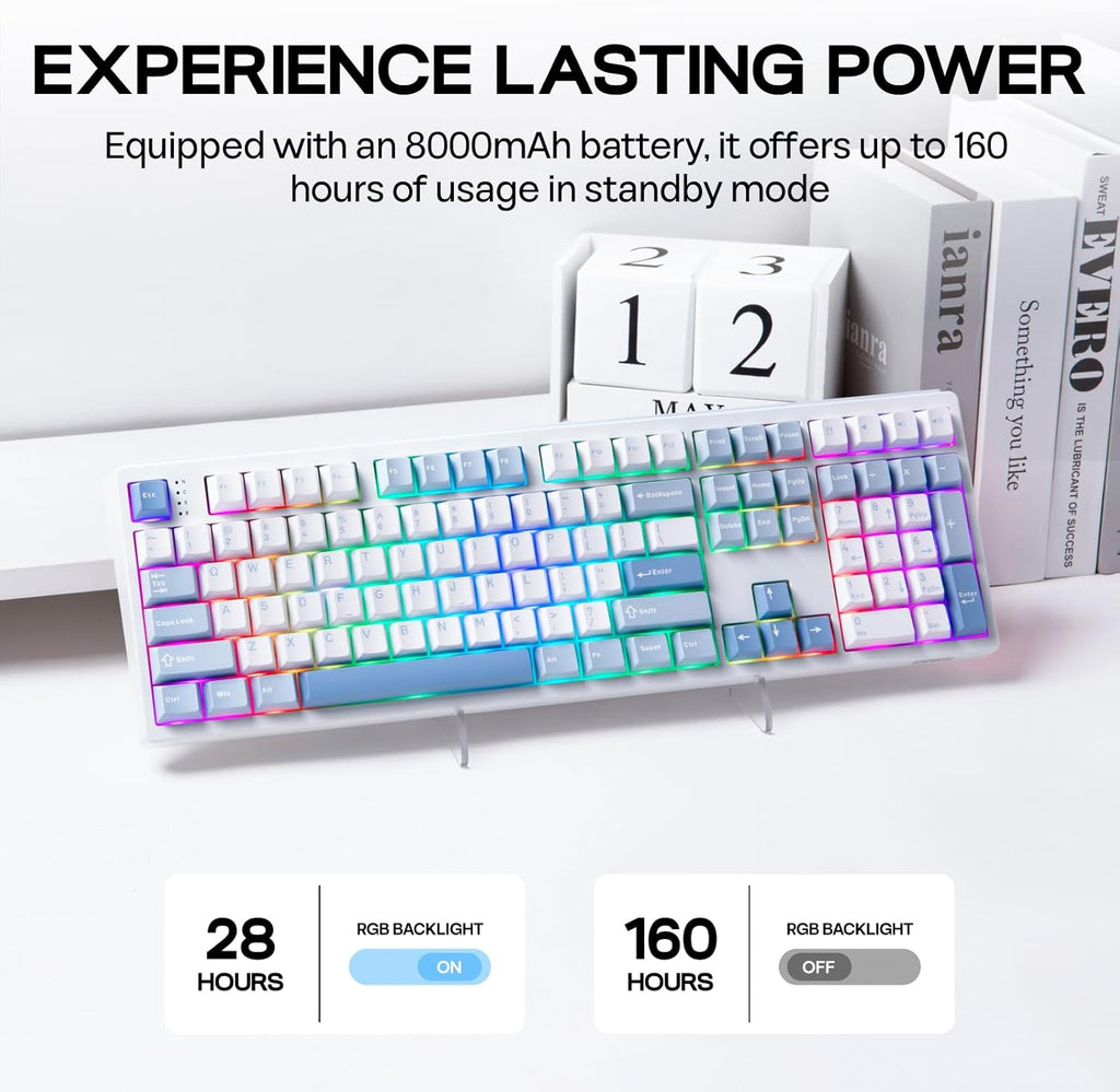 EPOMAKER TH108 Full Size Mechanical Keyboard, Wireless Gaming Keyboard with 8000mAh Battery, Creamy Gasket, 108 Keys, Hot Swap, Custom Driver, RGB Backlight (Blue&White, Sea Salt Silent)