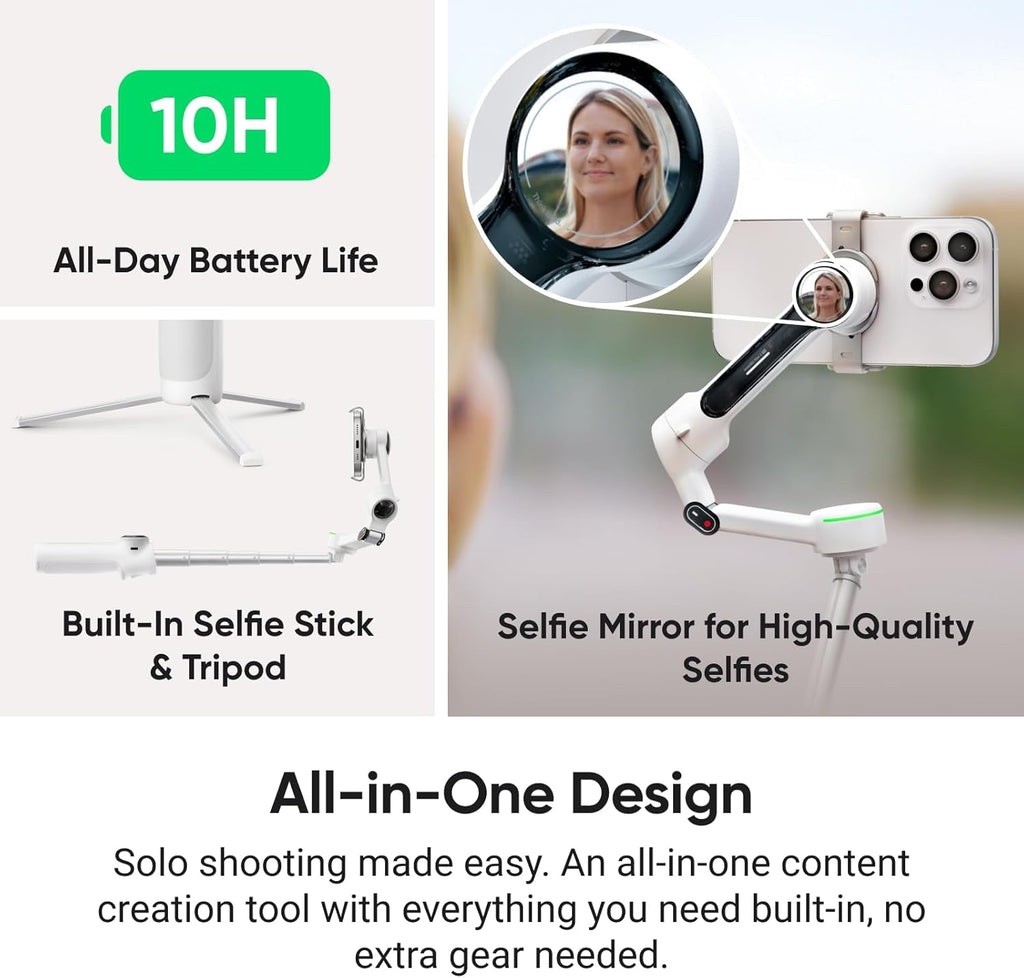 Insta360 Flow 2 Pro Grey - Foldable AI Phone Gimbal, Track in 200+ Apps with Apple DockKit, Multi-Person Tracking, 360º Pan Tracking, Built-in Tripod/Selfie Stick, iPhone/Android Portable Stabilizer