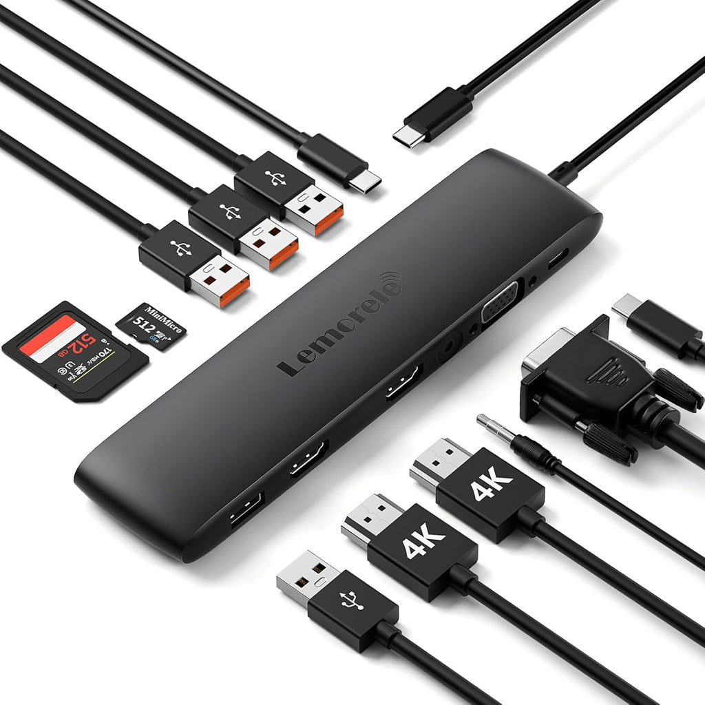 Lemorele USB C Dual Monitor Docking Station for Dell/HP/Lenovo/Surface Laptop, 12 in 1 Triple Display Multiport Hub Adapter w/2 HDMI 4K+VGA+10Gbps 2 USB3.2+2 USB2.0+100W PD+USB C Data+SD/TF+Audio