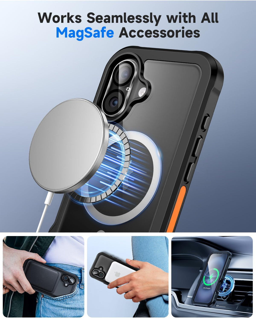 seacosmo for iPhone 16 Case, Full Body Bumper with Built-in 9H Tempered Glass Privacy Screen Protector and Camera Lens Protector, Compatible with MagSafe, Shockproof Phone Cover, 6.1", Black