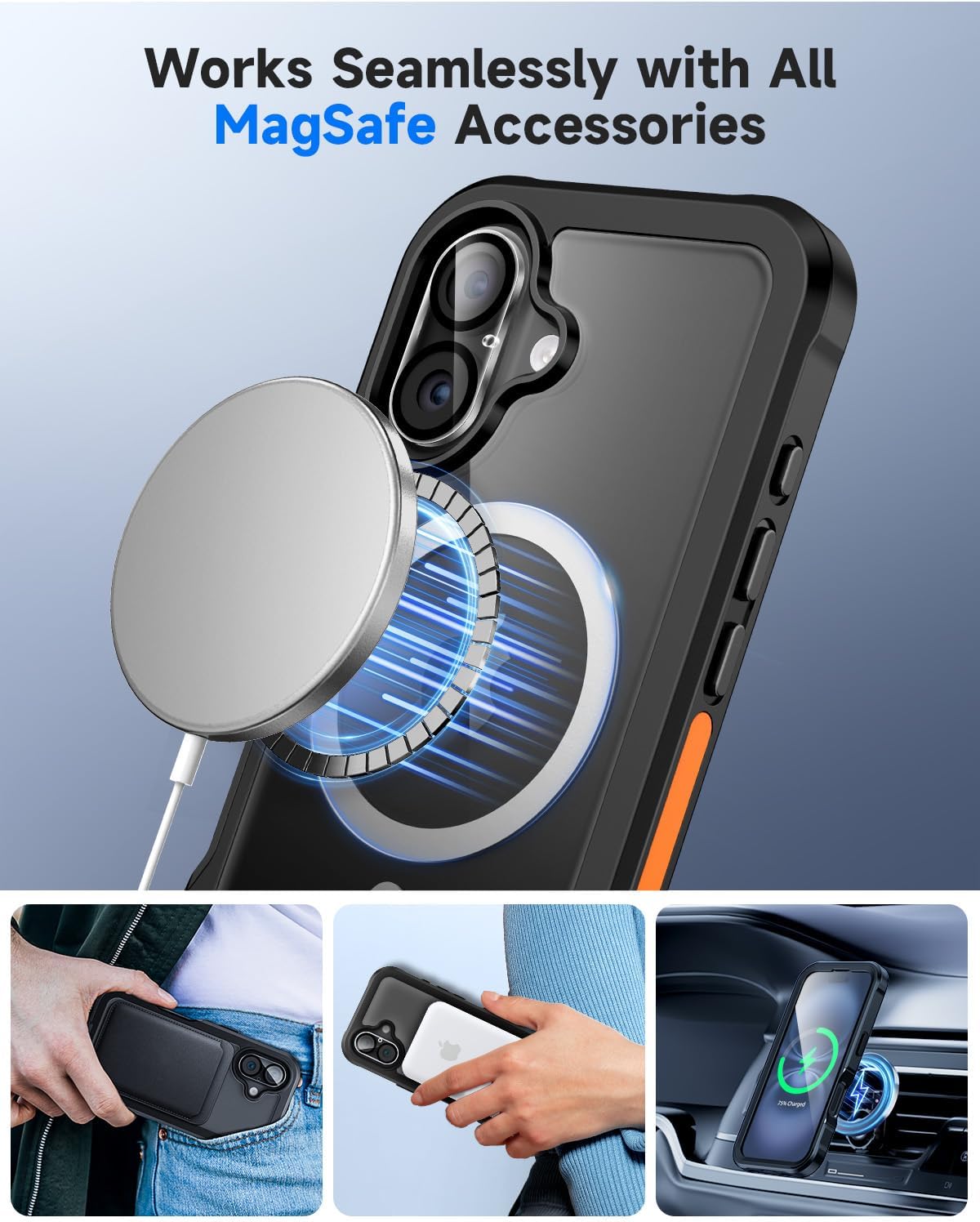 seacosmo for iPhone 16 Case, Full Body Bumper with Built-in 9H Tempered Glass Privacy Screen Protector and Camera Lens Protector, Compatible with MagSafe, Shockproof Phone Cover, 6.1", Black