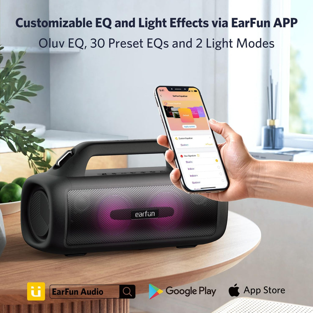 EarFun UBOOM X Portable Bluetooth Speaker, 80W Stereo with JumboBass, IP67 Waterproof Outdoor Speaker, RGB Light, 30H Playtime, Custom EQ, Bluetooth 5.3 Speakers for Outdoor, Camping, Beach