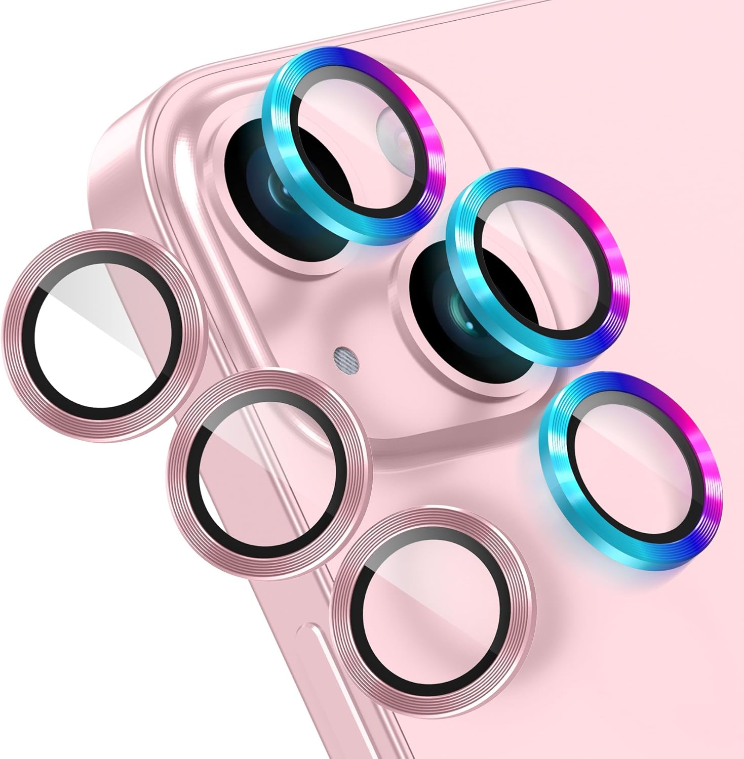 AGVEE 3+3 6 Pack for iPhone 15 6.1" / 15 Plus 6.7" Camera Lens Cover Protector, Metal Ring 9H Tempered HD Glass Camera Cover Protector Film, Pink