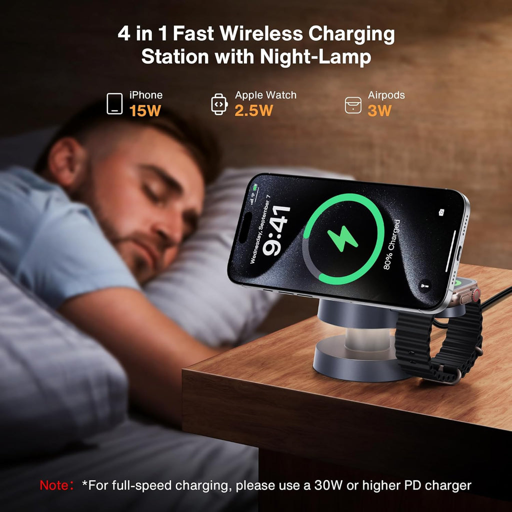 iVANKY 4 in 1 Wireless Charging Station with Mushroom Light for MagSafe Magnetic Charger, Travel Stand 3 in 1 Charge for iPhone 17-11 Pro Max Plus Air, Apple iWatch, Airpods（Includes 33W Adapter） ﻿ ﻿