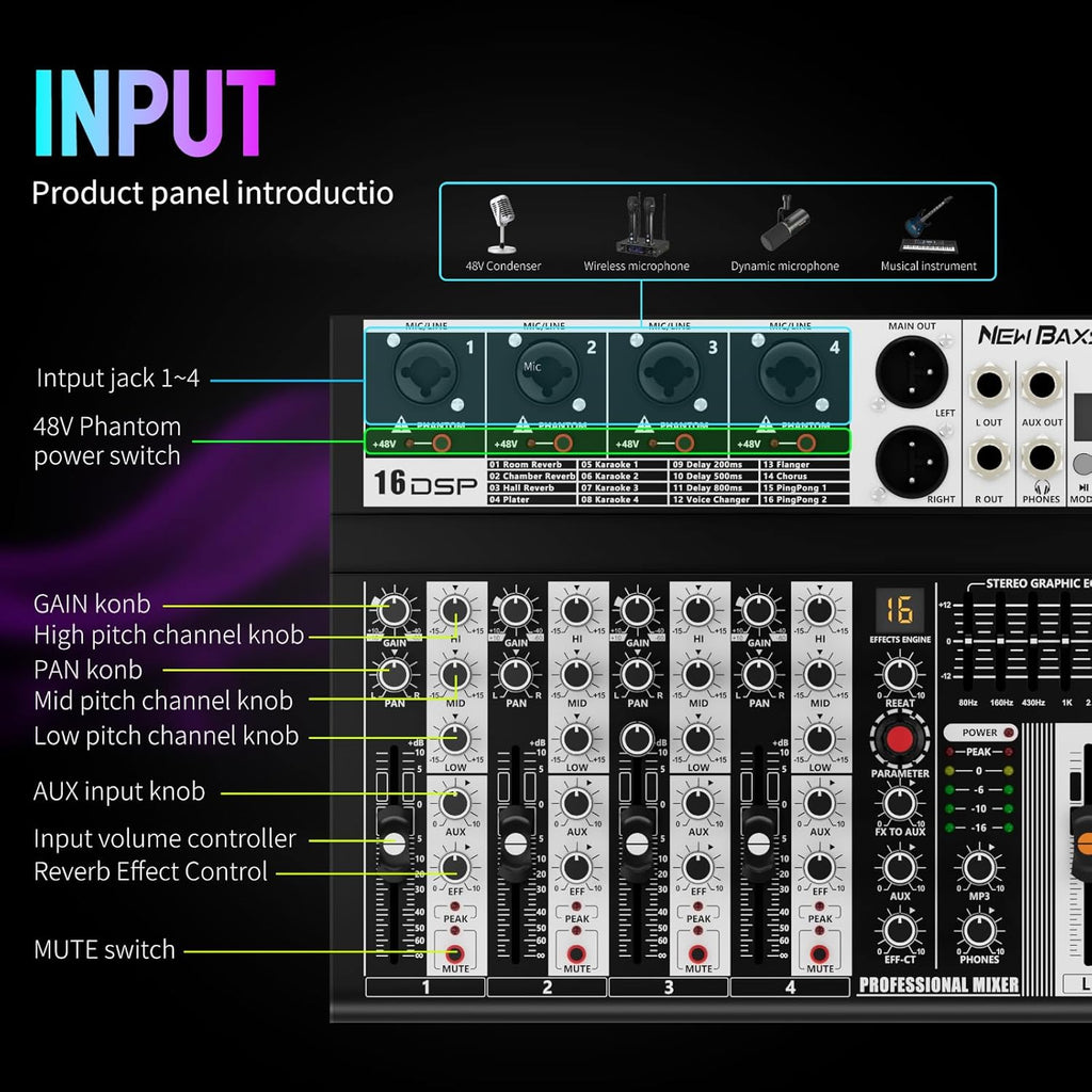 Professional Audio Mixer, 4 Channel Audio Interface Sound Board Mixing Console System Monitor, NEW BAXS 16-Bit DSP DJ Bluetooth Mixer +48V Phantom Effect For Karaoke Studio Streaming Recording