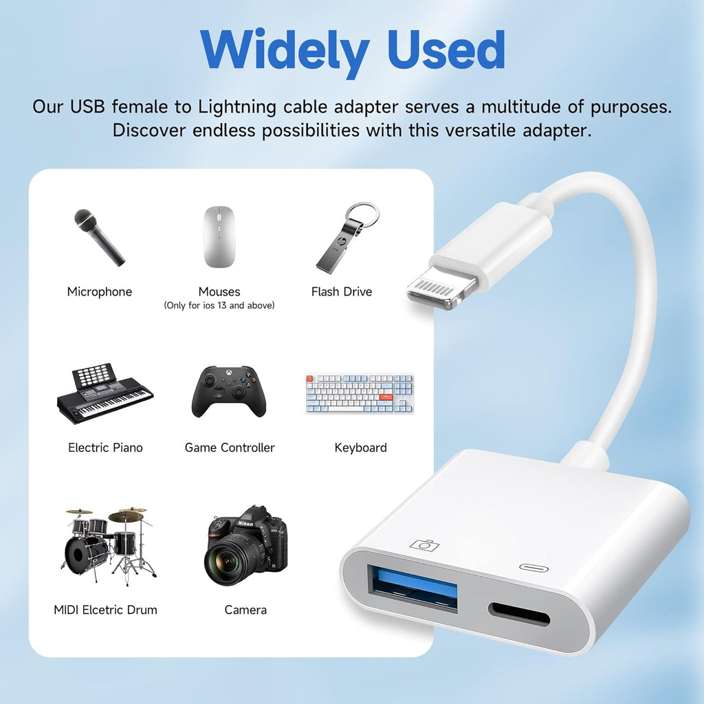 [Apple MFi Certified] Lightning to USB Camera Adapter with Charging Port, Portable USB3.0 Female OTG Cable Adapter for Select iPhone, iPad Models, Support Card Reader, USB Flash Drive, Keyboard, Mice