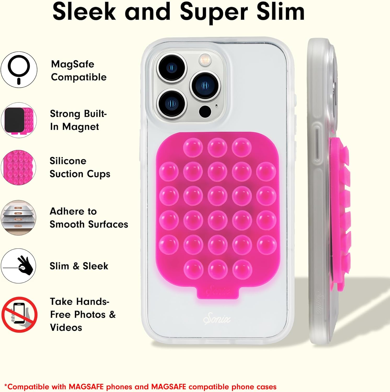 Sonix | Magnetic Silicone Suction Cup Phone Mount for iPhone | Compatible with MagSafe | Bright Fluorescent Pink | Hot Pink