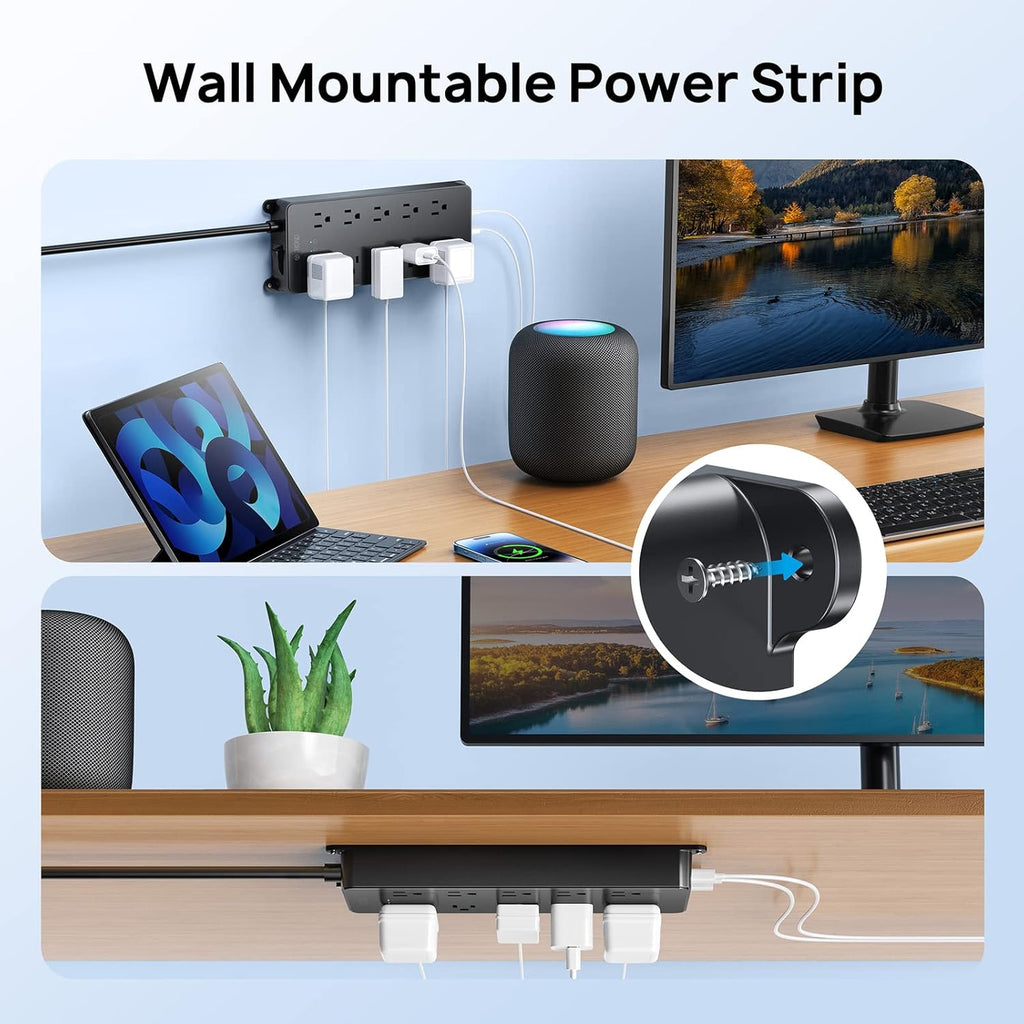 TROND Power Strip Surge Protector, 4000J, ETL Listed, 10 Widely Spaced Outlets with 2 USB A and 2 USB C, Flat Plug 5ft Extension Cord, Wall Mountable, 14AWG Heavy Duty, for Home Office Garage, Black