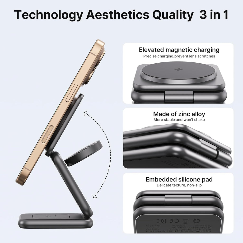 3 in 1 Charging Station for Apple Multiple Devices, Zinc Alloy Foldable Travel Wireless Charging pad for Mag-Safe Wireless Charger Stand for iPhone 16 15 14 13 12 Apple Watch Airpods