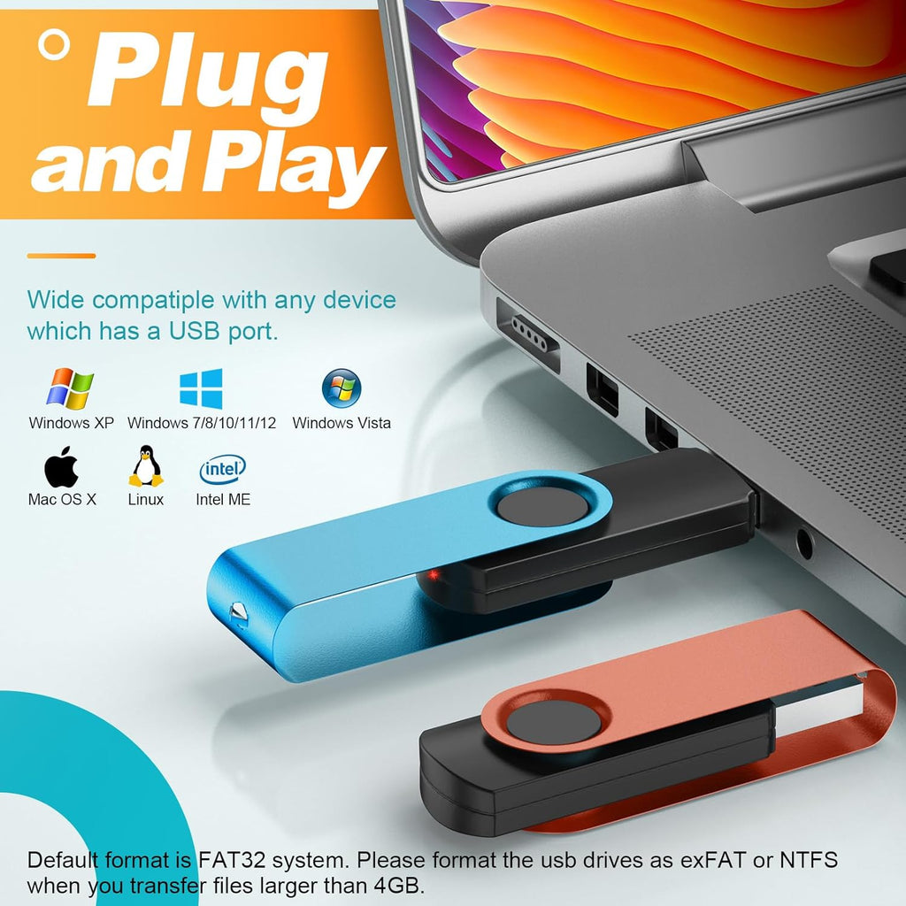 Kepmem USB Flash Drive 64GB 10 Pack USB 3.0 Thumb Drives Value 64 GB Memory Sticks Mixed Colors Pendrive Portable 64 Giga Jump Drive Bulk Swivel 10 Pieces Zip Drives for Data Storage and Backup
