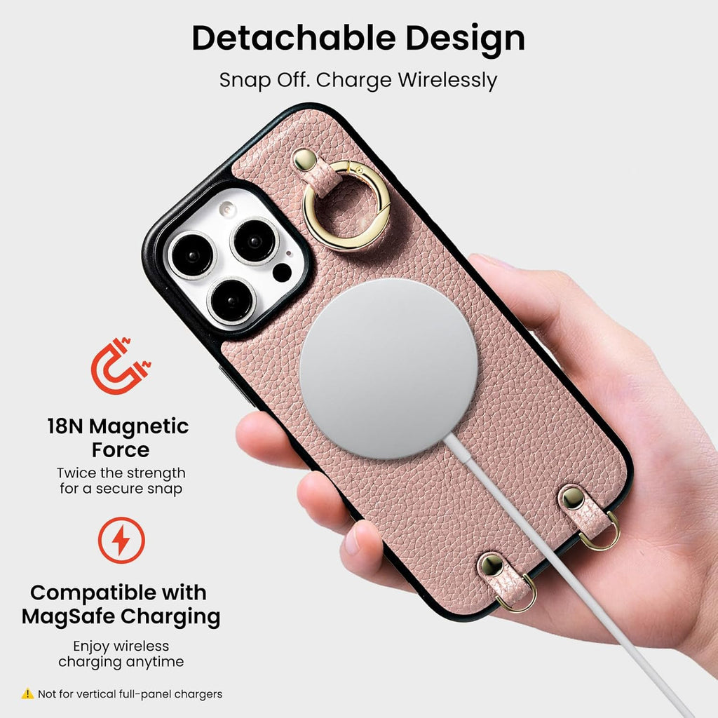 ORNARTO Magnetic Detachable Wallet Case for iPhone 16 Pro Max, [Compatible with MagSafe], Crossbody Wallet Case with Card Holder Wrist Strap, RFID Blocking PU Leather Wallet Phone Cover 6.9", Pink
