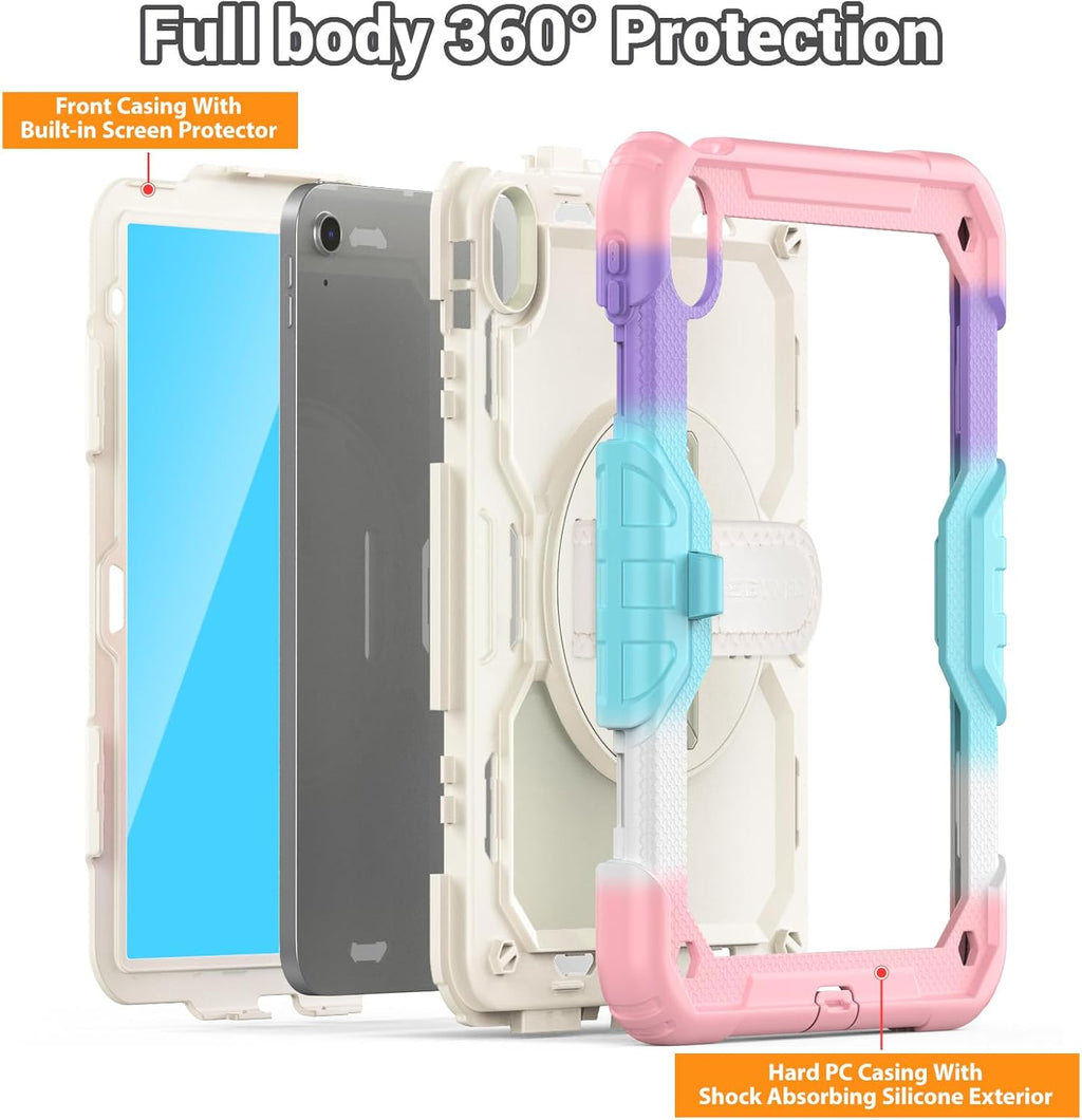 SEYMAC Case for iPad (A16) 11th/10th Generation 2025/2022 (11″/10.9″), Sturdy Heavy Duty Full-Body Shockproof Protective Case with Screen Protector, Rotating Stand, Hand/Shoulder Strap, Colorful/Pink