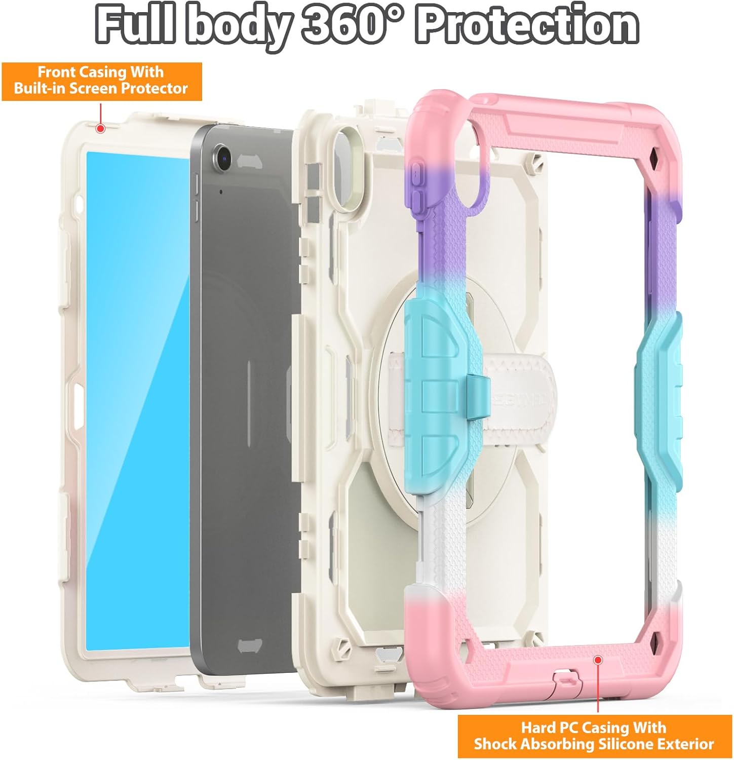 SEYMAC Case for iPad (A16) 11th/10th Generation 2025/2022 (11″/10.9″), Sturdy Heavy Duty Full-Body Shockproof Protective Case with Screen Protector, Rotating Stand, Hand/Shoulder Strap, Colorful/Pink