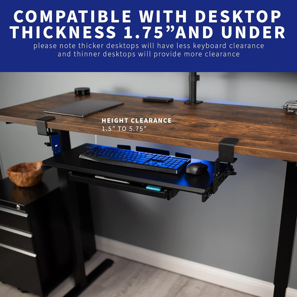 VIVO Large Clamp-on Height Adjustable Keyboard Tray, Pull Out Platform, Pencil Drawer, 27 (33 Including Clamps) x 11 inch Slide-Out Tray Storage Drawer, Black, MOUNT-KB05-4DH
