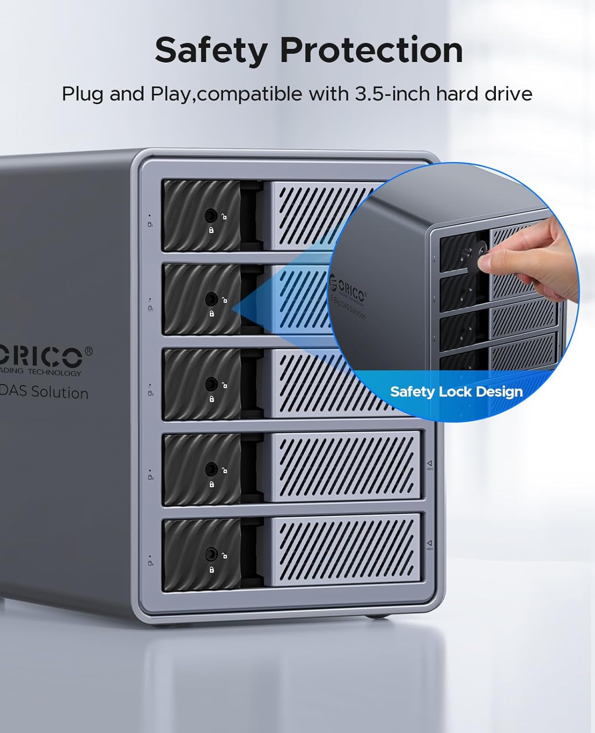 ORICO 5 Bay DAS Hard Drive Enclosure USB 3.0 for SATA 3.5 inch SSDs HDDs Bracket-Free External Hard Drive Bay Max up to 110TB ( Alluminum Alloy) -9858U3