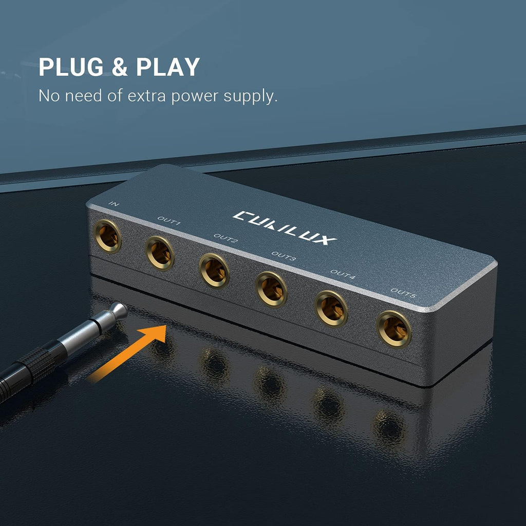 Cubilux 5-Way Quarter Inch Signal Splitter, Passive 1/4” Audio Splitter, 6.35mm Multiport Aux Splitter Box for Instruments, Bass Guitar, Keyboard, Headphones, Studio Monitor, Speaker, Amplifier