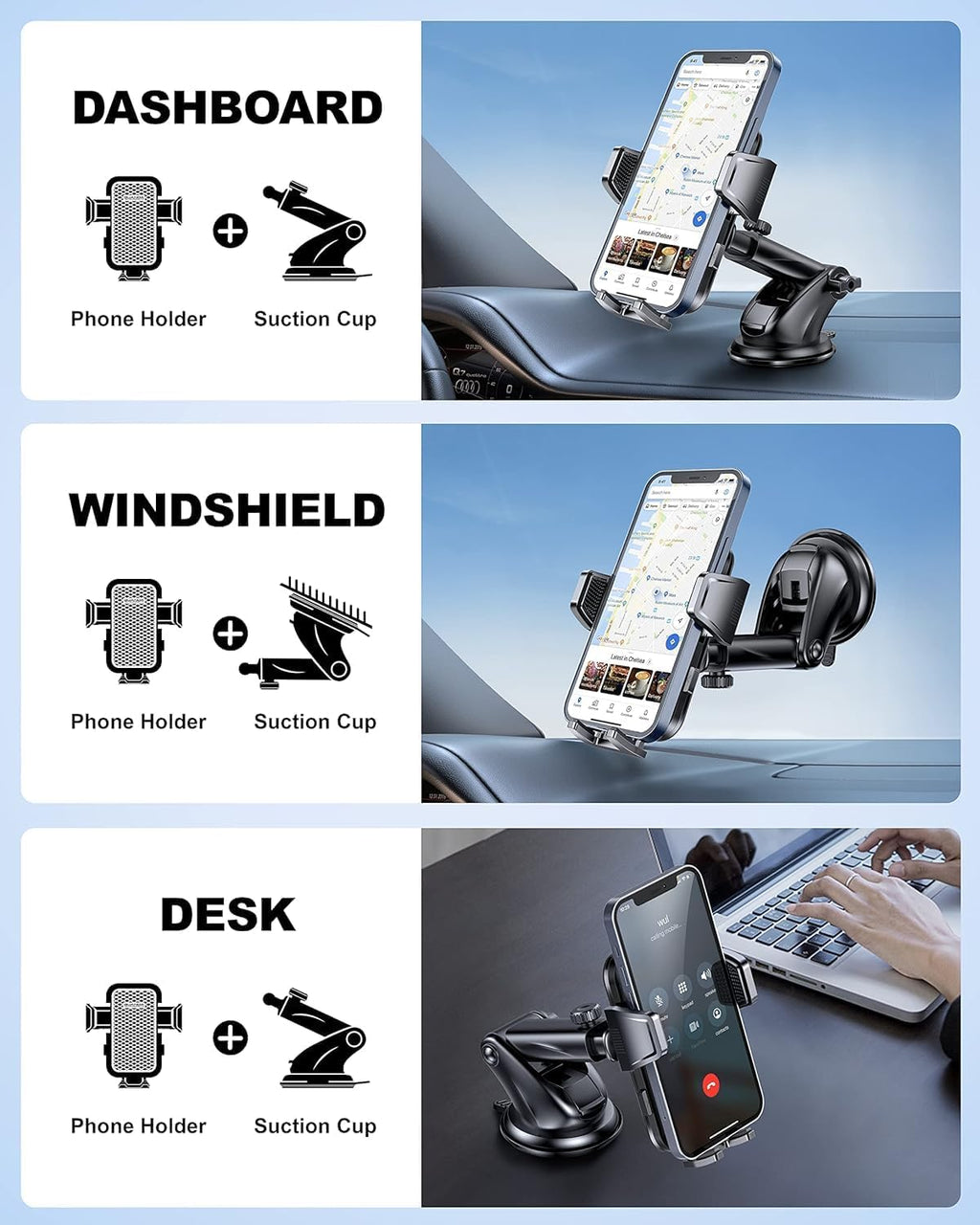 3-in-1 Car Phone Holder, Strong Suction Phone Mount for Windshield/Dashboard/Desk, Hands Free Dash Mounted Car Cell Phone Holder Stand, Truck Phone Holder for iPhone Samsung Android Smartphone