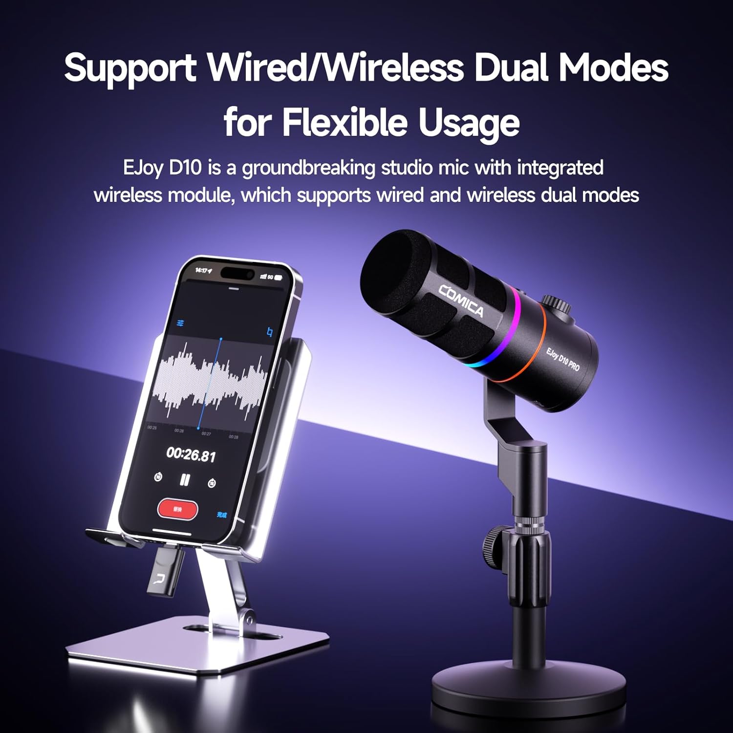 EJoy D10 PRO(D) Wireless USB Gaming Microphone – RGB Dynamic Mic with Wired/Wireless Modes, XLR/USB-C, Real-Time Monitoring, 45H Battery, Studio Mic for Gaming, Streaming, Podcast, Recording (Black)
