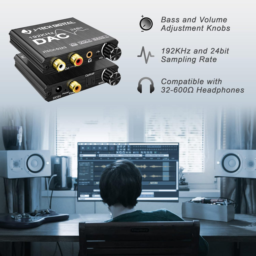 Digital to Analog Audio Converter with Headphone Amplifier & Bass Control by J-Tech Digital | 192kHz 24bit Optical Coaxial RCA 3.5mm