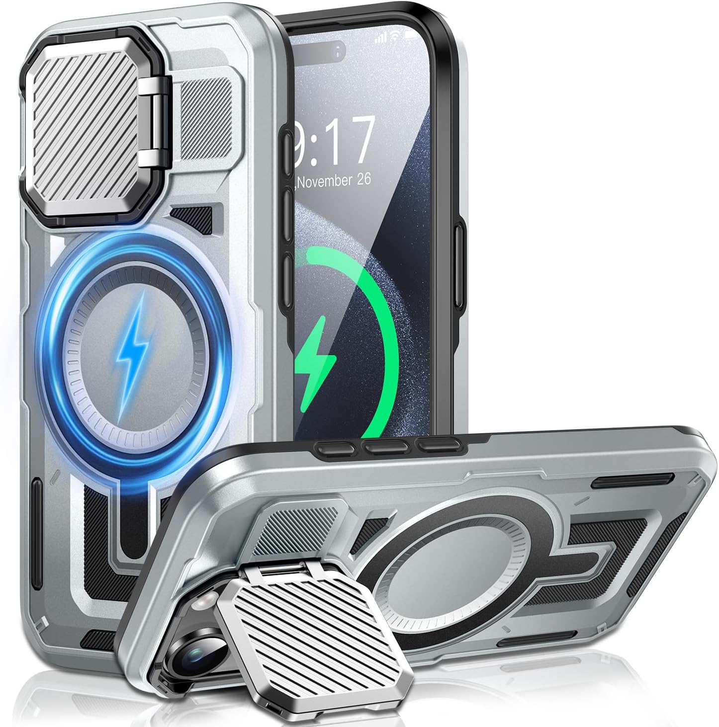 Camera Stand Case for iPhone 15 Pro, [Compatible with MagSafe] [Lens Cover] 2024 Version Military Grade Protective Soft Case for iPhone 15 Pro 6.1 inch Men Women, Grey