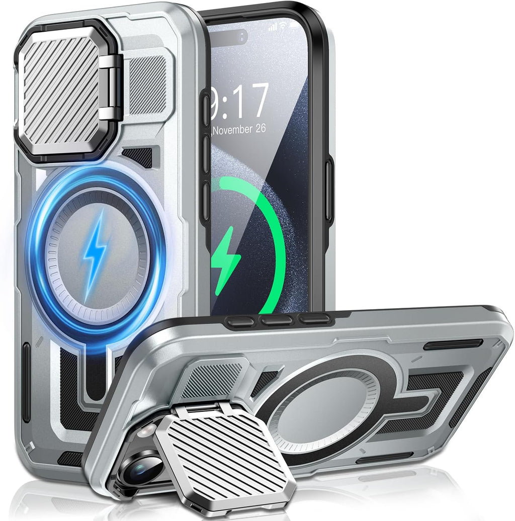 Camera Stand Case for iPhone 15 Pro Max, [Compatible with MagSafe] [Lens Cover] 2024 Version Military Grade Protective Soft Case for iPhone 15 Pro Max 6.7 inch Men Women, Grey