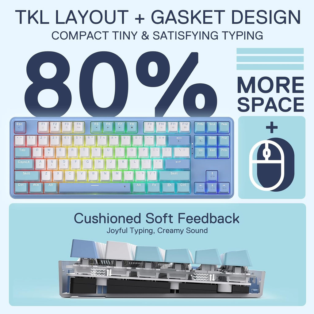 Redragon K707 80% Wired Gasket RGB Gaming Keyboard, 87 Keys TKL Mechanical Keyboard w/Hot-Swap Socket, Mixed Color Keycaps & 4-Layer Noise Dampening, Custom Linear Switch