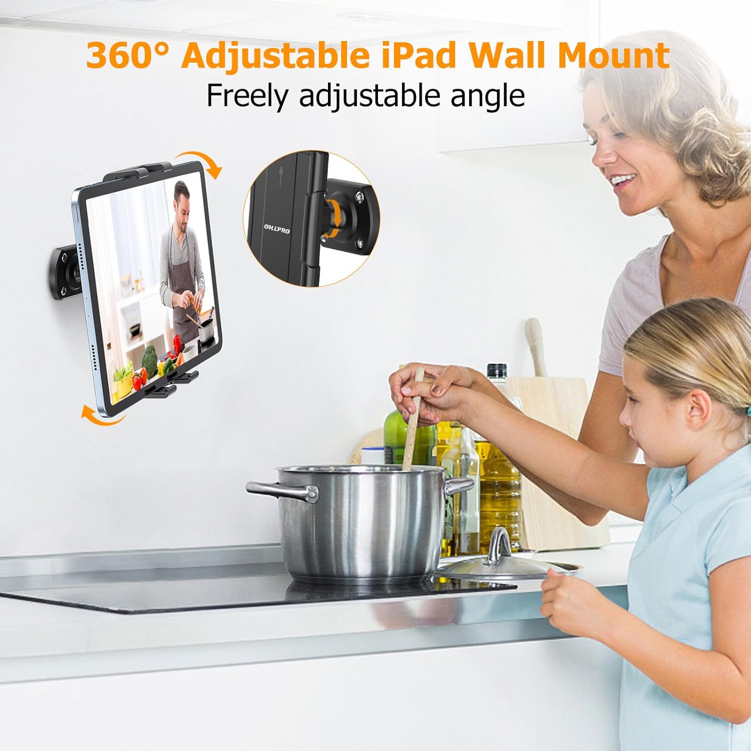 OHLPRO Tablet Wall Mount Holder 360° Rotating Adjustable Universal iPad Stand for Kitchen Office Warehouse Home, Compatible with 5"-13" Phone Tablets Galaxy Tabs Kindle Fire HD e-Reader Devices