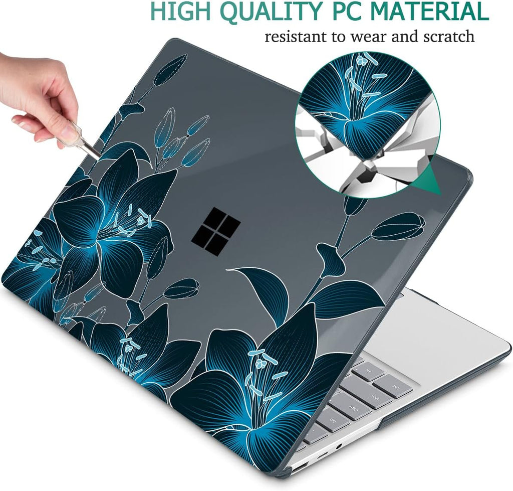Tuiklol Case for 15 Inch Microsoft Surface Laptop 5/4/3 2022-2020, Model 1979/1953/1872/1873 Hard Shell Cover, Keyboard Cover+Screen Protector+Dust Plugs,Black Lilies Flowers
