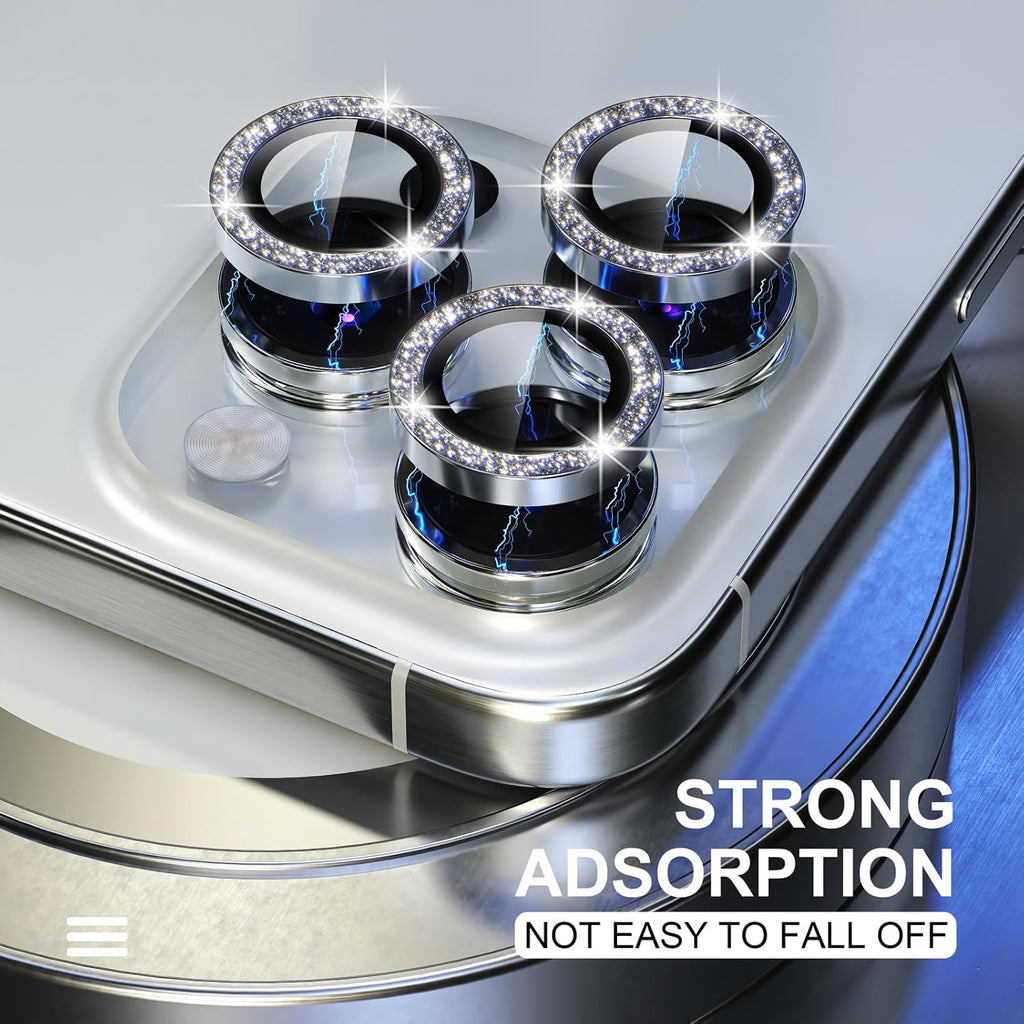 Choiche Compatible for iPhone 15 Pro/iPhone 15 Pro Max Camera Lens Protector Bling, 9H Tempered Glass Camera Cover Screen Protector Metal Ring Decoration Accessories (Glitter-Silver)