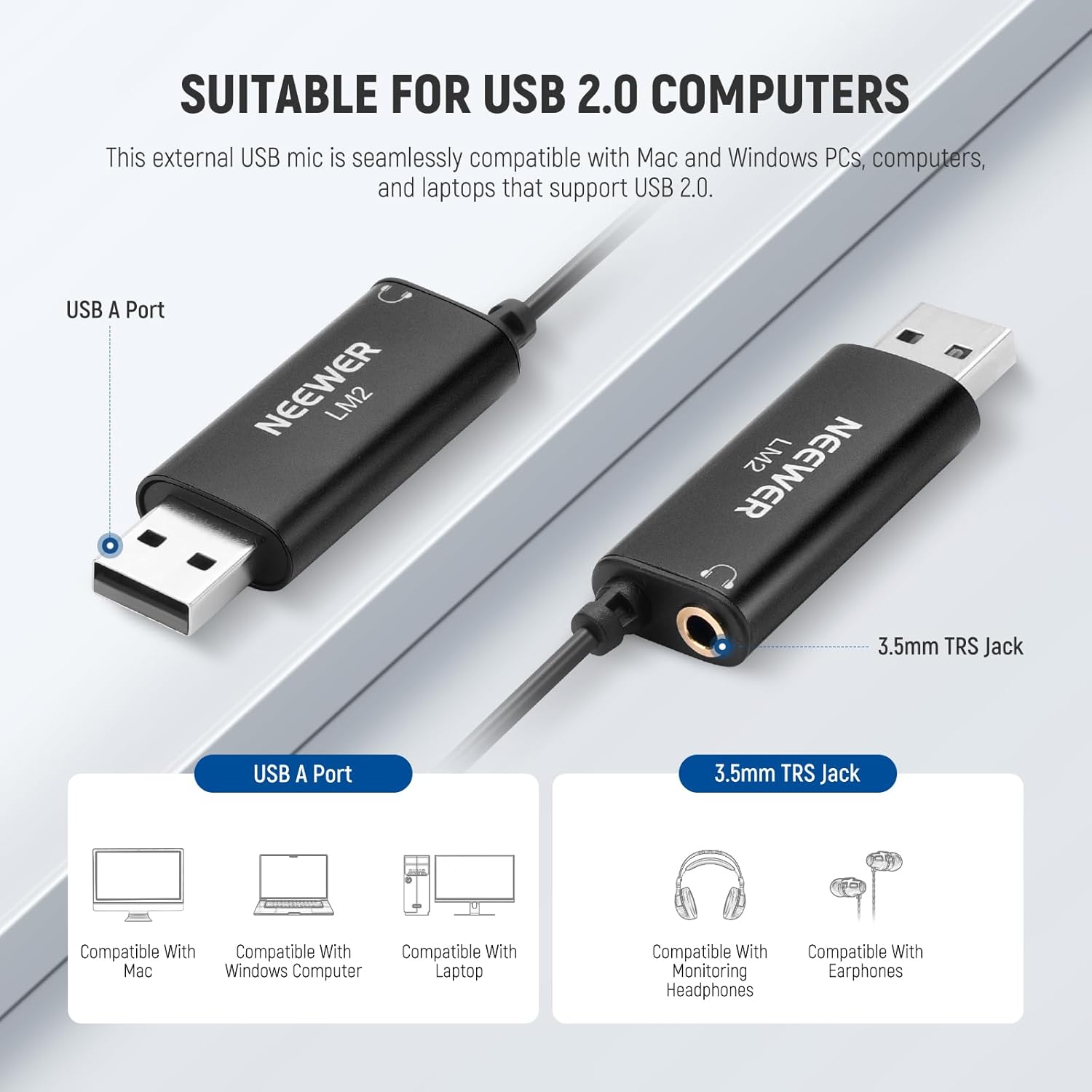 NEEWER USB Lapel Microphone, Plug & Play Mini Omnidirectional Clip On Lavalier Mic with 3.5mm Monitoring Headphones Jack for USB 2.0 Mac Windows PC Laptop Computer YouTube Skype Podcast Gaming, LM2