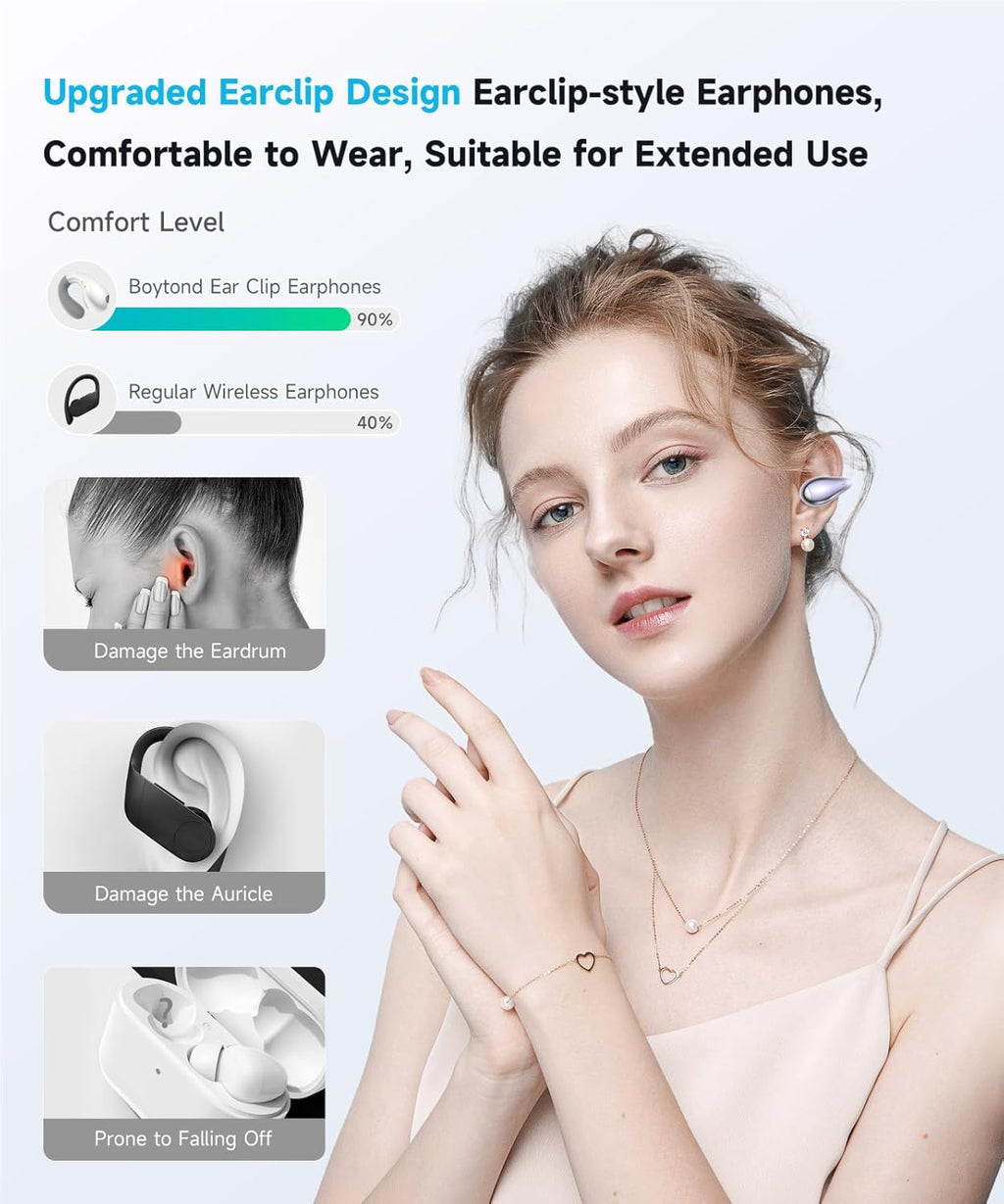 Ultra Open Ear Earbuds - Ergonomic Clip-On Earbuds, Small Bone Conduction Over-The-Ear Headphones with Waterproof Design, Perfect Running Headphones for Sports and Fitness, Purple
