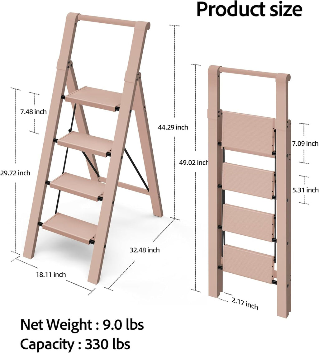 Taranta 4 Step Ladder, Lightweight Aluminum Step Stool with Convenient Handgrip, Folding Ladder with Anti-Slip Pedals, 330lbs Capacity Stepladder for Home, Office, Kitchen - Peach Pink