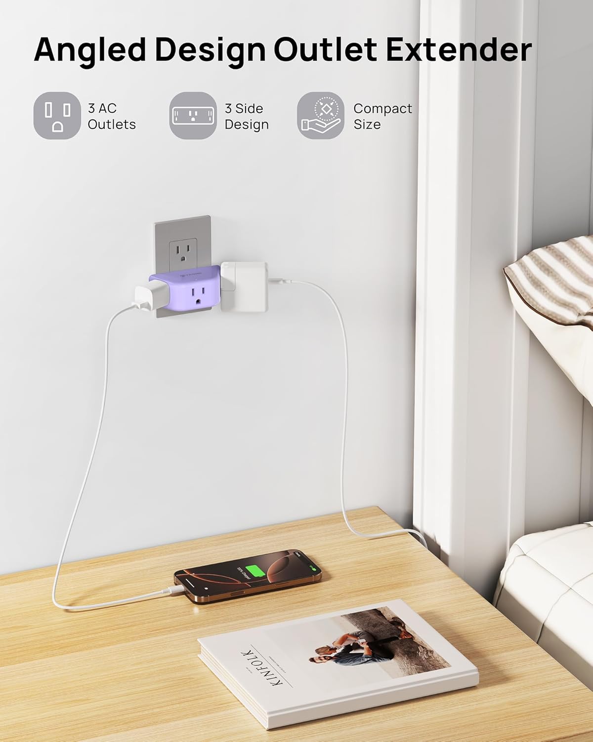 TROND Purple Outlet Extender - Plug Splitter with 3-Prong Grounded Sockets, 3 Way Angled Outlet Adapter, Wall Plug Expander, Cruise Ship Essentials, Compact and Practical for Travel Home Decoration