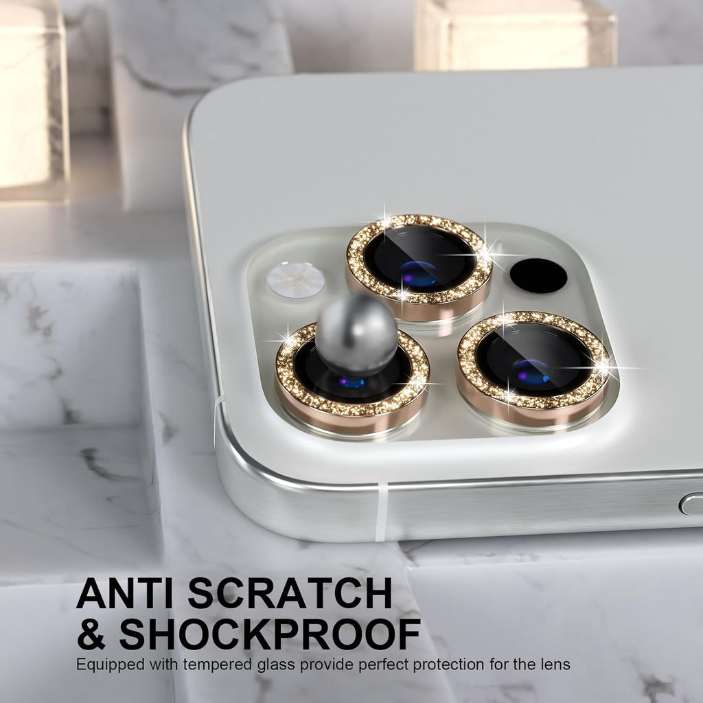Choiche Compatible for iPhone 16 Pro/iPhone 16 Pro Max Camera Lens Protector Bling, 9H Tempered Glass Camera Cover Screen Protector Metal Ring Decoration Accessories (Glitter-Gold)