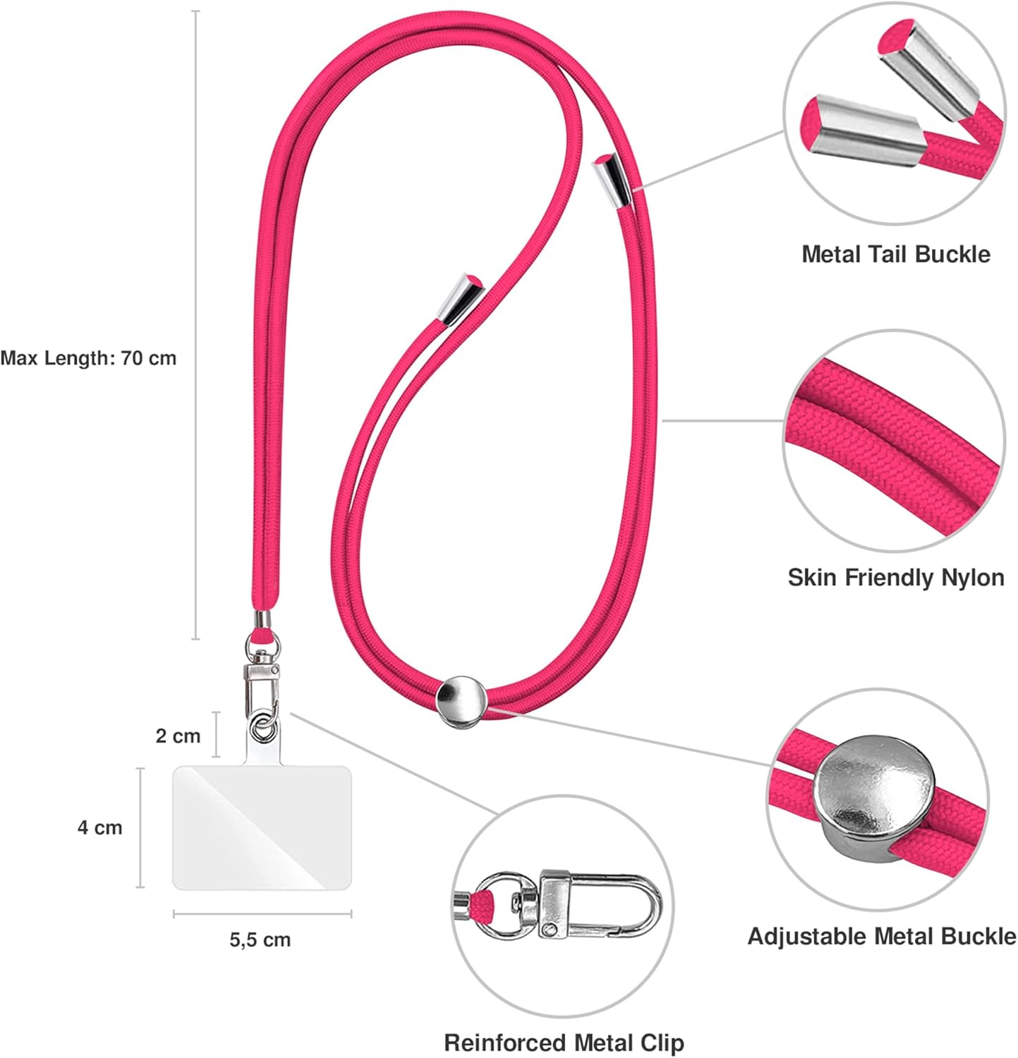 Cell Phone Lanyard [Fuchsia] - Comfortable Universal Smartphone Lanyard - Easy to Use Neck Phone Holder [Clear Patch] - Adjustable Length Phone Strap Crossbody - Fits All Mobile Phones